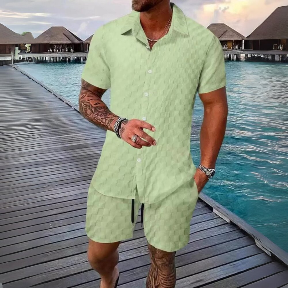 Men's Light Green Collared Neck Short Sleeve Top & Shorts Resort Outfit